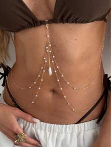 1件多层巴洛克不规则珍珠吊坠流苏身体链，性感比基尼链，多功能胸链/身体饰品，女士休闲日常假日身体饰品 - 金色 - 查看 3
