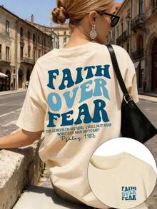 1pcs Plus Size Women's T-Shirt, Printed With "FAITH OVER FEAR" And Bible Verse Designs On The Back, Suitable For Church Services, Religious Activities - 杏子 2 - 查看 16