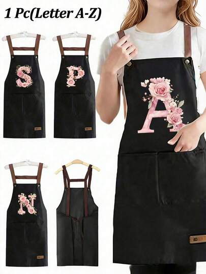 1Pc Fun Straps Apron With Practical Pockets,Personalized Pink Rose Floral Initial Letter A-Z Print, Unisex, Heavy-Duty Bib Straps, Large Pockets,Washable,Stain-Resistant & Durable Kitchen Apron, Baking, Hairdresser, Gardener, Chef, Professional Beauty School, Wedding, Party - Elegant Background - Easy-Clean Work Apron, Hair Salon Accessory, Salon Attire, Durable Fabric, Perfect Gifts And Keepsakes For Holidays, Birthdays, Parties, Weddings, And Valentine'S Day, Personalized Cooking Gift For Mom