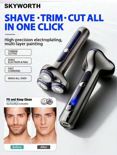 SKYWORTH 「60Mins Long Lasting」2 In 1 Mini Electric Shaver For Men, 8500Rpm Electric Razor With Nose Trimming Head For Men, Magnetic 3-Head Rotary Pocket Shaver IPX7 Waterproof Wet & Dry For Shaving Face, USB-C Rechargeable For Home,Car,Travel