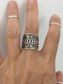 Vintage Wide Band Copper Handcrafted Pattern Ring, Suitable For Boho Style Women, (Silver, Size 6-10) - Antique Silver - View 2