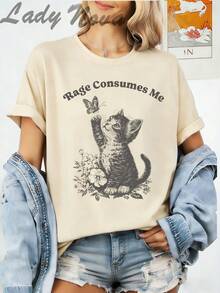 LADYNOVA Rage Consumes Me Cat With Butterfly Graphic T-Shirt For Women,Summer Outfits For Women, Vacation Outfits Women, Summer Clothes, Festival Outfits,Summer Tops - 杏色 - 查看 1