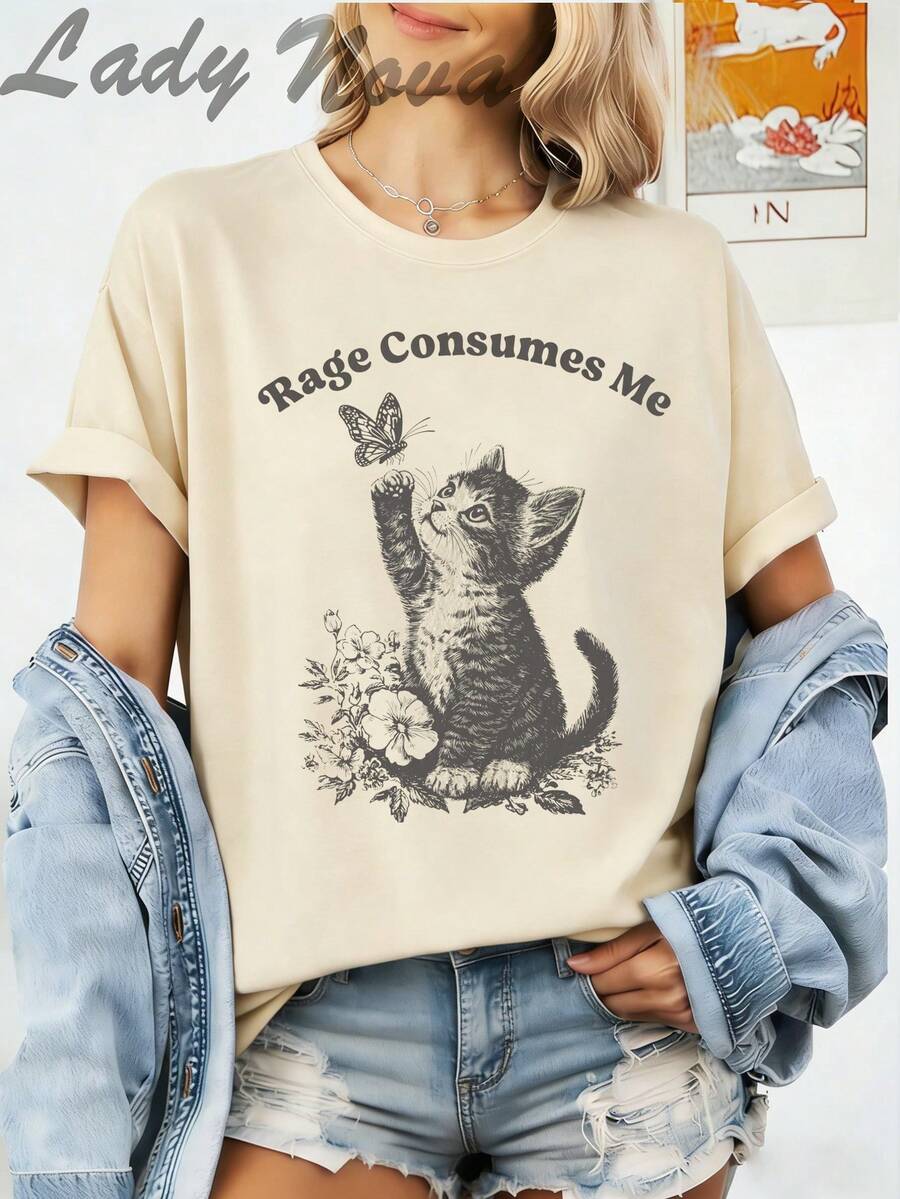 LADYNOVA Rage Consumes Me Cat With Butterfly Graphic T-Shirt For Women,Summer Outfits For Women, Vacation Outfits Women, Summer Clothes, Festival Outfits,Summer Tops - 杏色 - 查看 1