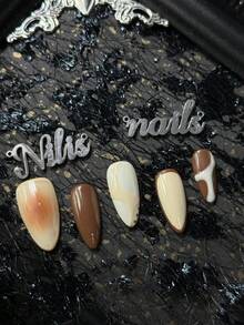 10片装杏仁美甲亚克力套装，棕色指甲，乳白色和棕色渐变，手绘不规则棕白线条，简约高端秋冬复古风，Y2K风格美甲套装，适合女性和女孩，可用于节日、日常、派对、聚会等场合（包含：一片果冻胶和一条摩擦条）美甲用品 - 棕色 - 查看 7