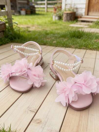 1 Pair Girls' Flower Sandals With Pearl Strap, Open Toe Design, Soft Comfortable Insole, Suitable For Weddings, Parties And Summer Outfits