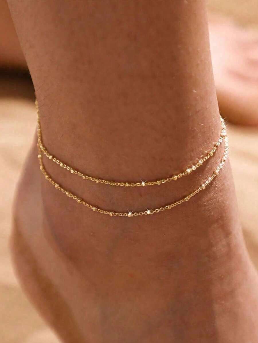 1 chiếc vòng chân hai lớp màu vàng đồng tối giản, đa năng, phù hợp cho kỳ nghỉ biển và mọi dịp, cũng có thể là một món quà dành cho phụ nữ. - Vàng - Xem 1