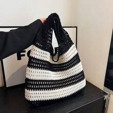 1件欧美撞色提花手提包，简约时尚女士单肩包，大容量针织包 - 彩色 - 查看 4