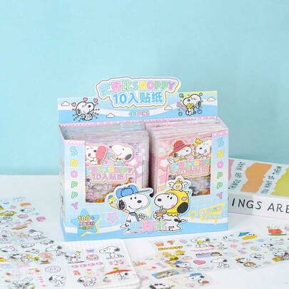 SNOOPY 4张10英寸PET透明贴纸，美观实用，适用于学生手册、包装装饰等，多种卡通可爱创意风格，模切工艺，撕贴方便，图案清晰精致可爱。