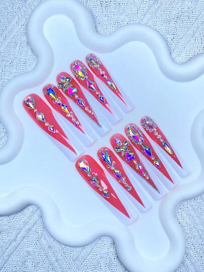 10片Y2K超长法式按压美甲，全覆盖，手工制作，带有3D闪亮水钻装饰和合金装饰，非常适合婚礼、派对、情人节、生日、圣诞节等场合，可重复使用，完美贴合，包含1片果冻胶和1片迷你摩擦贴，可拆卸按压美甲套装，适合女士和女孩在节日派对和日常佩戴，美甲产品