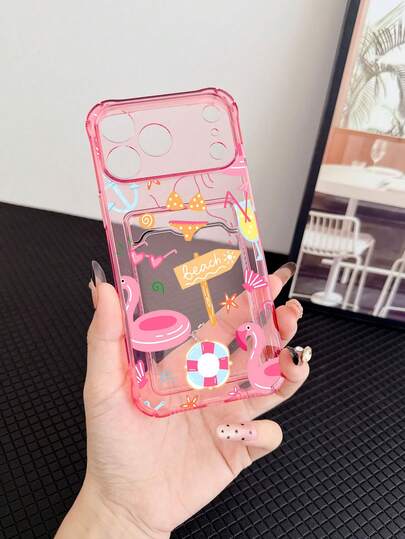 1pc Transparent Pink TPU Corner Shockproof Card Holder Case, Cute Creative Summer Illustration Pattern Protective Soft Phone Case, Fashionable Versatile Personalized , Suitable As Birthday/Holiday/Anniversary Gift For Girlfriend/Boyfriend, Best Friend, Spouse, Partner, Family, Coworker, Student, Teacher, Compatible With IPhone