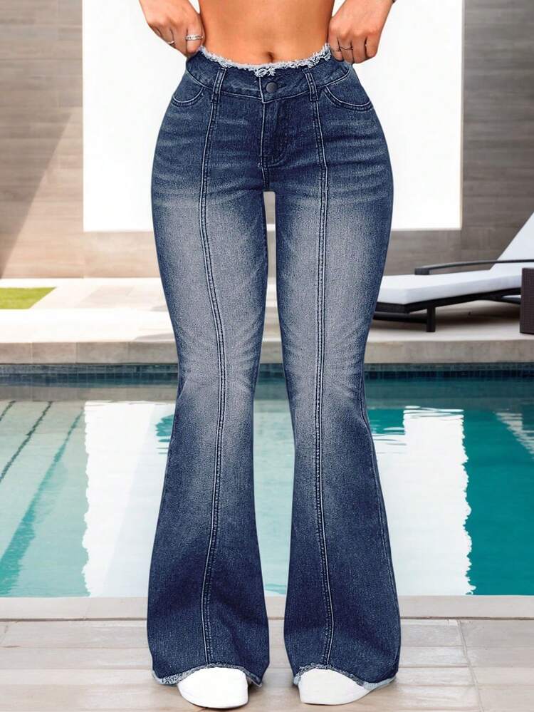 Pantalones vaqueros acampanados para mujer en azul deslavado, con bajos deshilachados y estilo casual vintage, Jeans - Azul - Añade 1