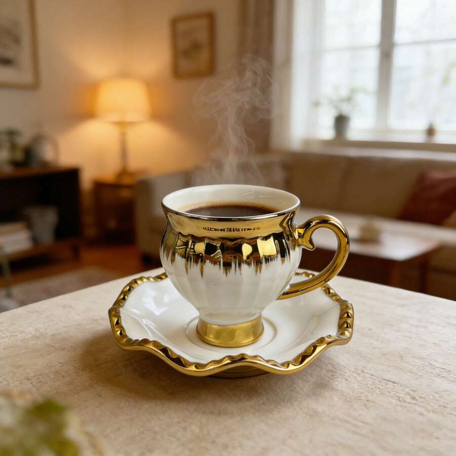 Keramik Runde gepunktete Untertasse & Tasse Set, handgemalt in Gold, Weiß, Schwarz, gesund für Kaffee & Wasser, Heimdekoration, Party Keramik Tasse & Untertasse Geschenkset - Verschiedenfarbig - Übersicht 1