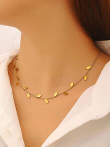 复古优雅简约时尚树叶项链和指链套装，不锈钢首饰，女士首饰套装，百搭日常休闲夏季海滩度假首饰配饰项链手链 - 金色 - 查看 7