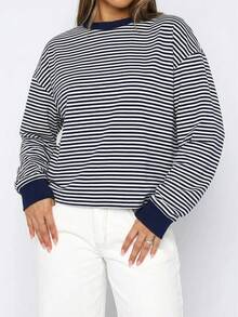 Áo thun nữ dài tay cổ tròn phối màu sọc tương phản mùa xuân/hè Vaiaye, kiểu dáng tối giản, rộng rãi, phù hợp mặc hàng ngày và đi làm. - Màu xanh hải quân - Xem 3