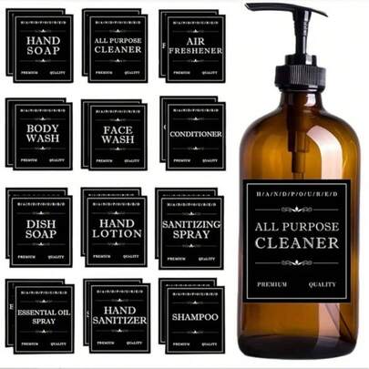 36pcs Waterproof Bathroom Stickers Labels, Suitable For Soap Dispensers, Shampoo And Conditioner - Self-Adhesive Paper Stickers For Glass Or Plastic Bottles - Removable Cleaning Product Labels, Suitable For Home And Hotel Halloween, Christmas Decoration