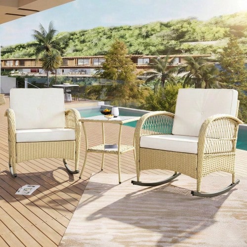 Rattan Balcony Furniture Set (3 Pieces), Balcony Rocking Chair With Beige Cushions, Load Capacity 160 Kg - C - View 1