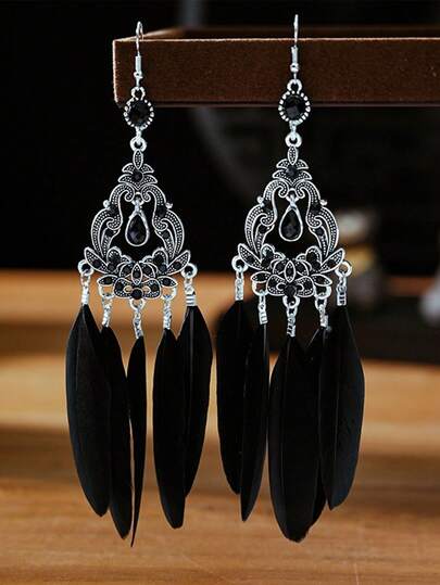 Pendientes de lujo con plumas y borlas completamente cubiertos de rhinestones, estilo bohemio vintage
