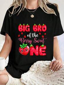 Mother's Day Big Bro Of The Berry Sweet One 1St Birthday Strawberry T-Shirt Graphic Print T Shirt Casual Style 1pcs Women's Tee Short Sleeve Summer Outfit - 黑色 - 查看 6