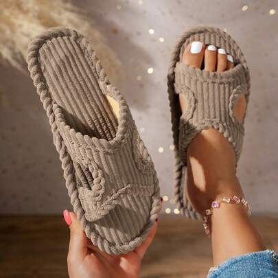 女士休闲布艺荷叶边露趾拖鞋，春秋季舒适之选