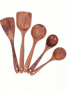 5pcs Wooden Cooking Utensil Set, Including Wok Spatula, Natural Wooden Kitchen Tools, Ladle, Soup Spoon, Wooden Turner, Cutlery Set, Wooden Spatula And Spoon - Multicolor - View 13
