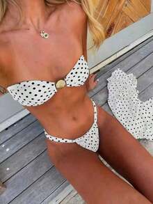 Women's Summer New Arrival: European & American Style, Sexy, Casual, Brown & White Polka Dot, Strapless, Beach Vacation, Bikini Swimsuit - 白色 - 查看 1