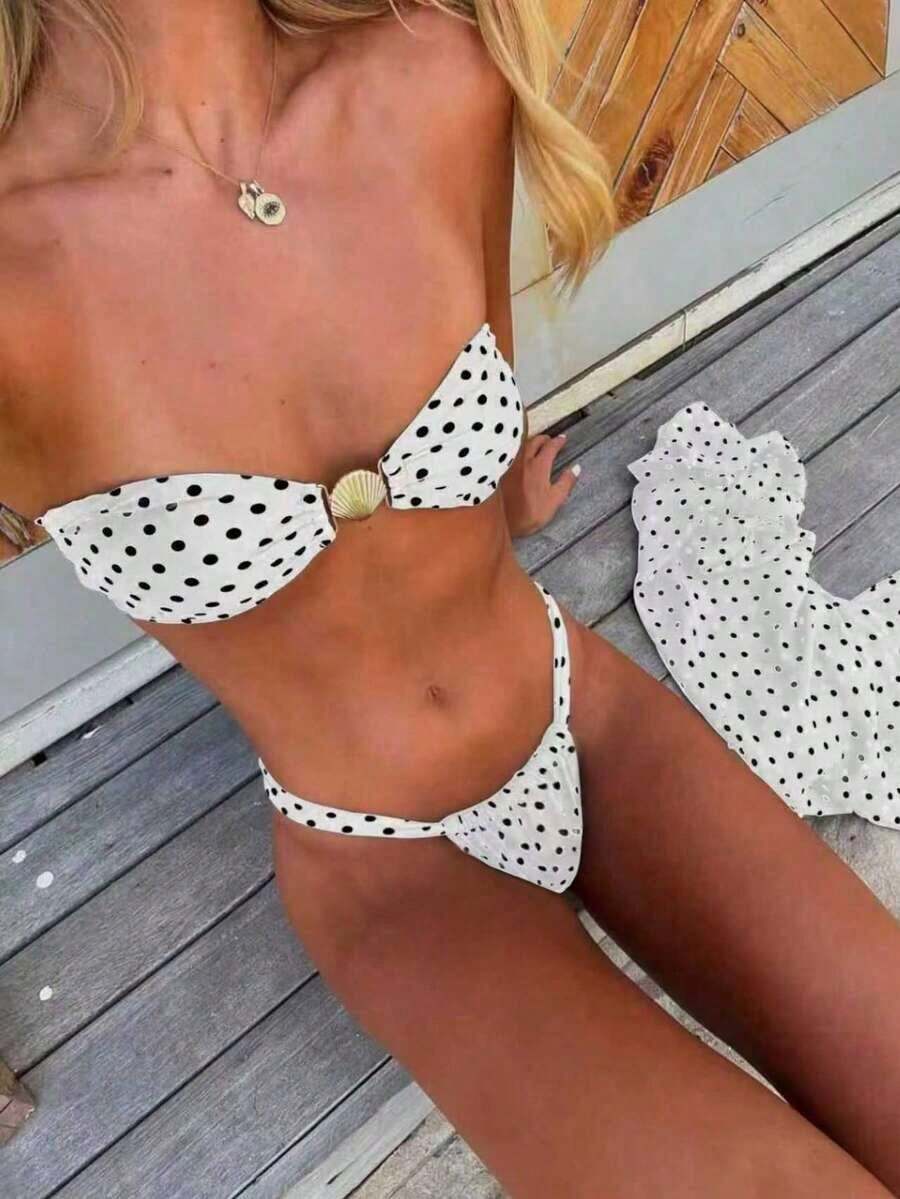 Women's Summer New Arrival: European & American Style, Sexy, Casual, Brown & White Polka Dot, Strapless, Beach Vacation, Bikini Swimsuit - 白色 - 查看 1