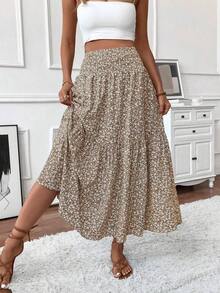 Women's Long Ditsy Floral Skirt, Casual Elastic Waist With Pockets, Ruffle Hem, A-Line Skirt For Summer Vacation - 卡其色 - 查看 1