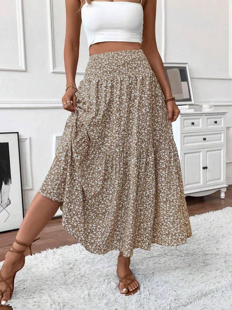 Women's Long Ditsy Floral Skirt, Casual Elastic Waist With Pockets, Ruffle Hem, A-Line Skirt For Summer Vacation - 卡其色 - 查看 1