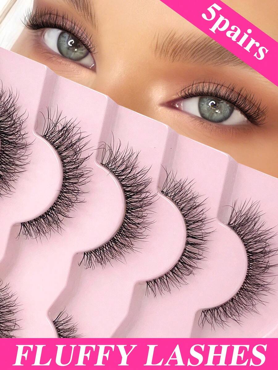 ENCHUW 5 Pairs Natural Look False Eye Lashes With Clear Band Wispy Fluffy And Soft Faux Mink Lashes Makeup Extension - Black - View 1