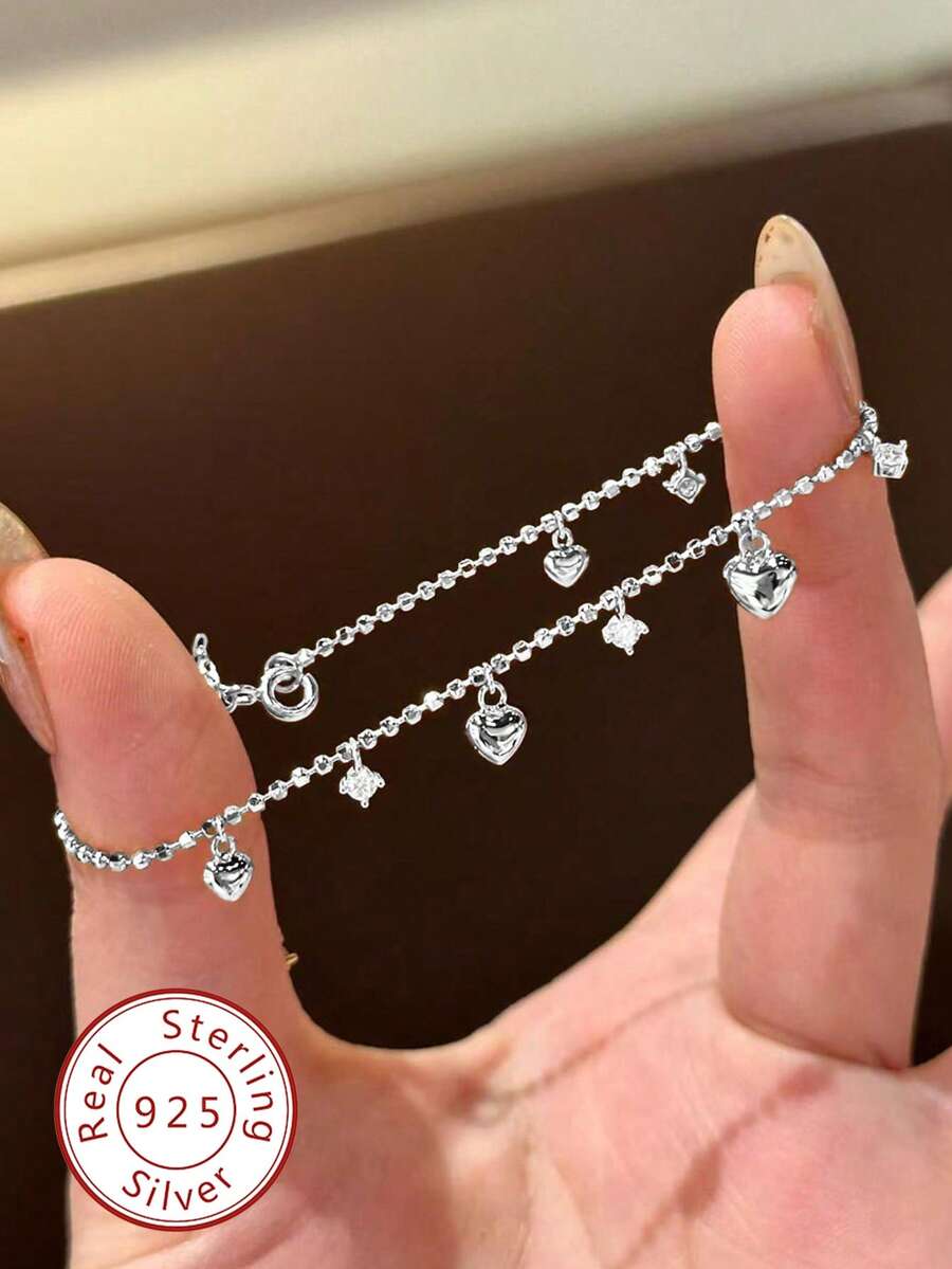 1 pièce Bracelet en argent sterling S925 en forme de cœur, serti de diamants, cadeau pour femmes, convient pour les sorties, les remises de diplômes, les anniversaires et le port quotidien - Bracelet Coeur Diamant - Voir 1