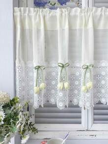 1 Stück süße koreanische beige Tulpen-dekorierte Kurze Vorhänge für kleine Fenster, Apartment Küche Vorhänge, Schlafzimmer Fenster Ventil, ohne Bohren Spannstange Vorhänge - Beige - Übersicht 10