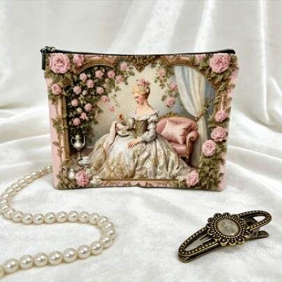 Bolsa de cosméticos de estilo francés vintage, bolsa de maquillaje con patrón de rosa rococó para damas, bolsa de almacenamiento de artículos de tocador, bolsa de maquillaje, organizador de maquillaje, bolsa de artículos de tocador, bolsa de viaje para maquillaje, bolsa de viaje para vacaciones, artículos esenciales para mujeres