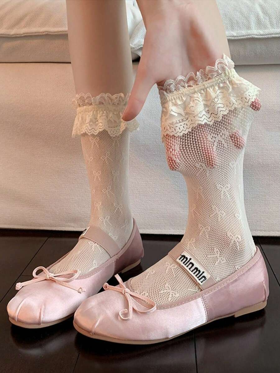1 đôi tất mùa hè viền ren, tất dài đến bắp chân kiểu ballerina trang trí nơ, tất lưới kiểu Lolita. - Nhiều màu - Xem 1