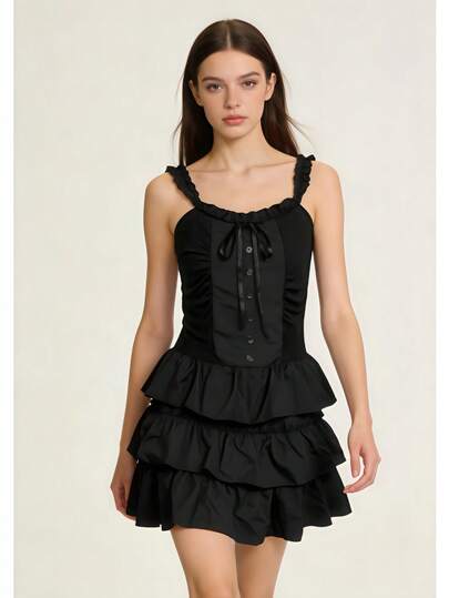 1pc New French Style Black Spaghetti Strap Dress, Spring/Summer Fitted Slimming Elegant Princess Tulle Dress, Suitable For Party, Game Theme, Ball, Photo Shoot, Romantic Dinner, Garden Date