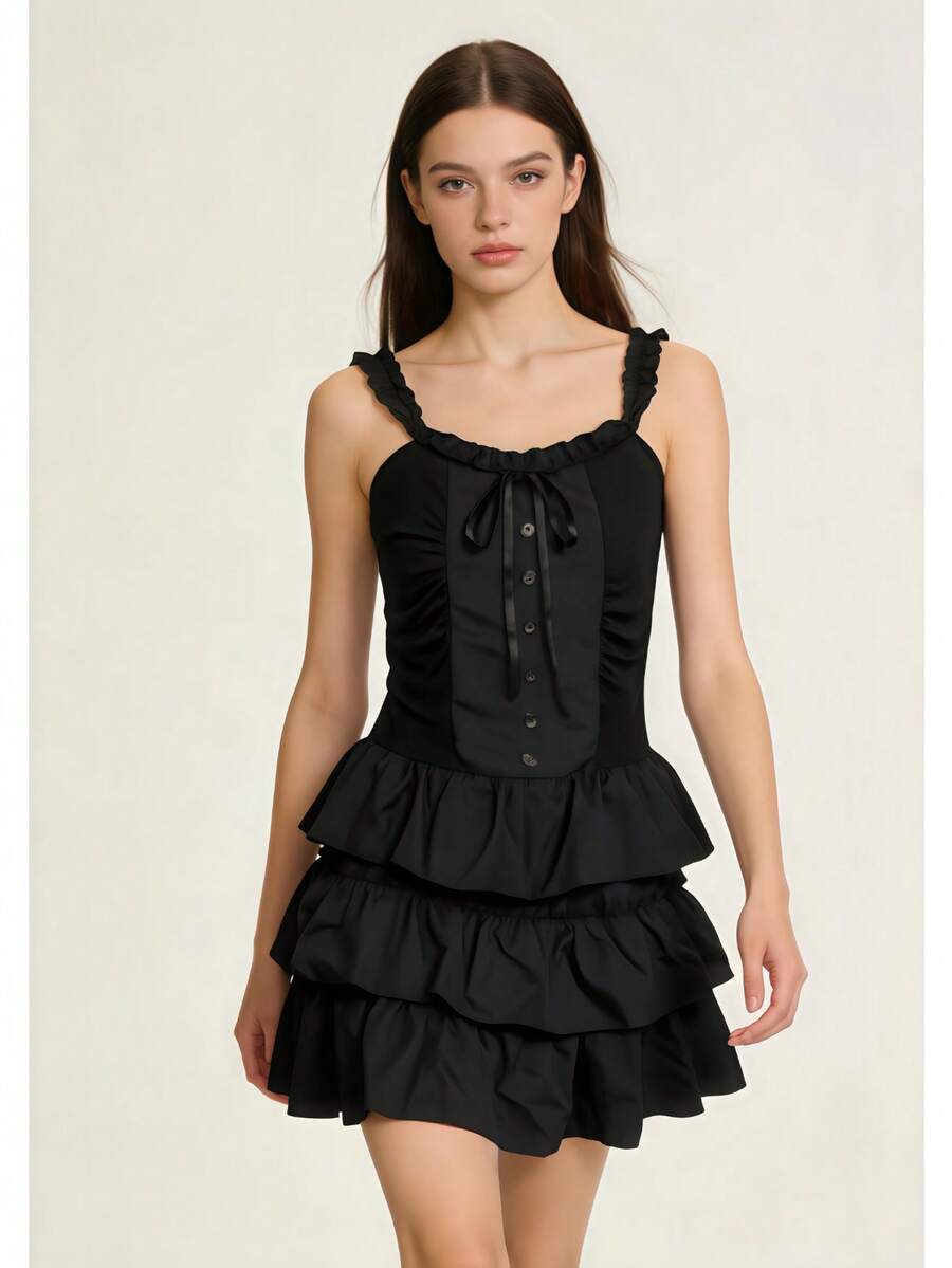 1pc New French Style Black Spaghetti Strap Dress, Spring/Summer Fitted Slimming Elegant Princess Tulle Dress, Suitable For Party, Game Theme, Ball, Photo Shoot, Romantic Dinner, Garden Date - Black - View 1