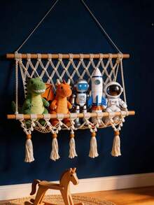 1件繩編牆掛娃娃收納吊床附木桿，嬰兒房收納整理架，適用於毛絨娃娃、毯子與嬰兒用品，節省空間 - 白色 - 查看 8