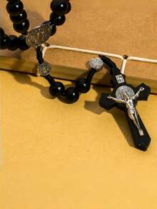 1件优雅小众金属十字架吊坠项链，适合女性日常佩戴 - 黑色 - 查看 1