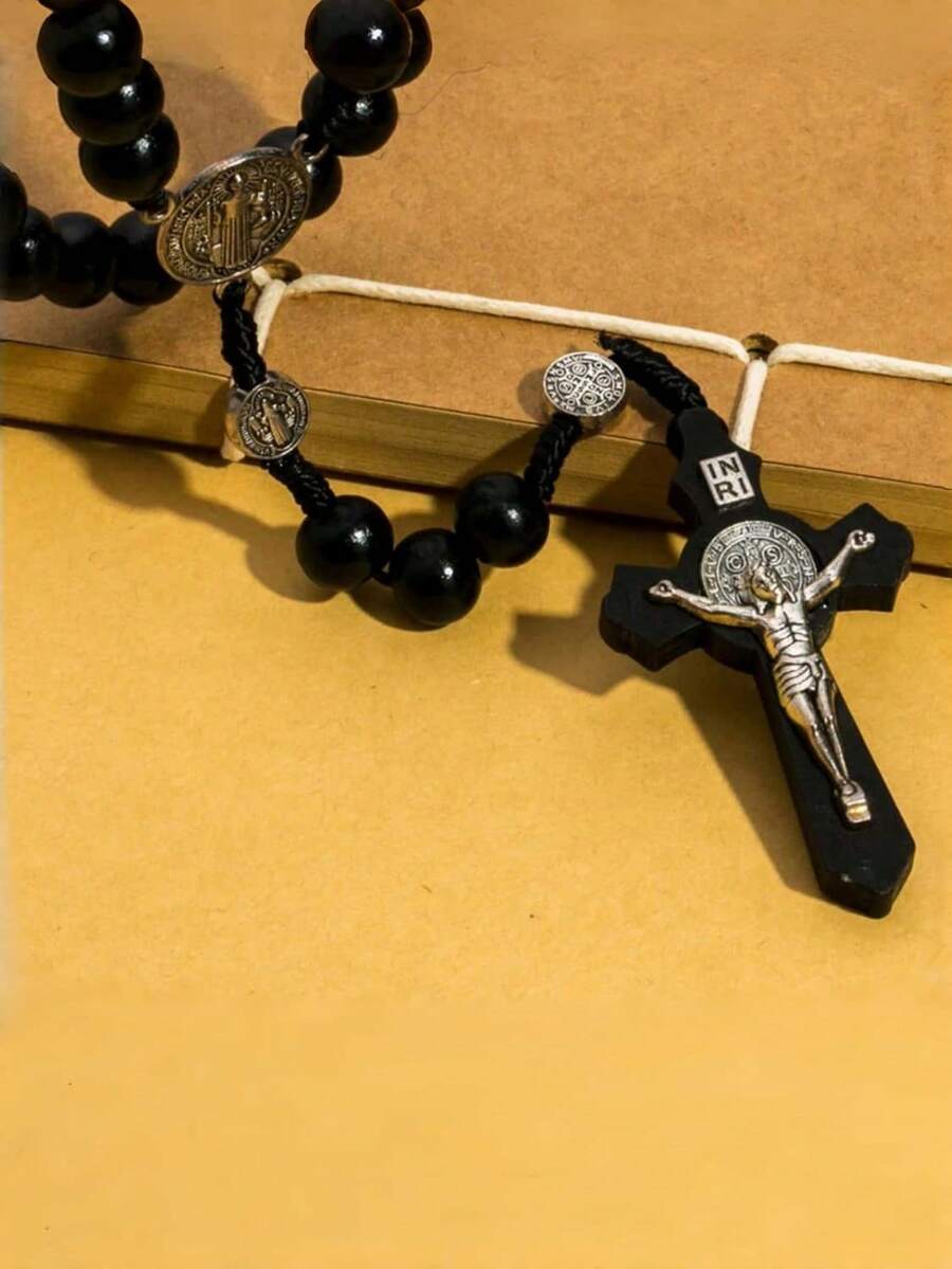 1件优雅小众金属十字架吊坠项链，适合女性日常佩戴 - 黑色 - 查看 1