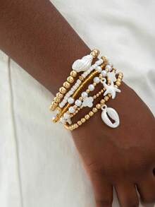 imoli 6件套时尚波西米亚海洋系列玻璃珠树脂珍珠四叶草海星贝壳叠层手链套装，适合女性海滩度假、节日派对、珠宝礼品 - 31285-ank-white-EP - 查看 3