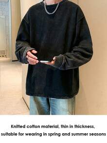 Men's Vintage Washed Loose Fit Round Neck Lightweight Long Sleeve Sweatshirt, For Spring & Autumn - Black - View 3