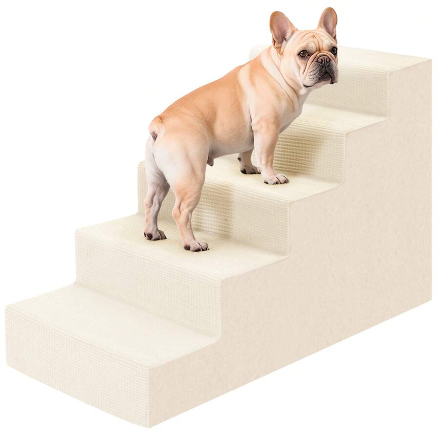 Dog Stairs For Dogs, High-Density Foam Pet Steps With Supporting Board, Non-Slip Removable Washable Cover - White - 5 Steps - View 1