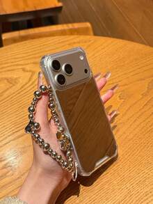 1pc Black Framed Makeup Mirror Phone Case, Electroplated Heart & Bow Decor Protective Phone Case Compatible With Samsung/ Models, 11/12/12Pro/12ProMax/13/13Pro/13ProMax/14/14Pro/14ProMax/15/15Pro/15ProMax/16/16Pro/16ProMax/16Plus/17/17Pro/17ProMax/AIR - Silver - View 3
