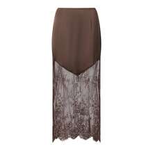 Women Satin Lace Trim Midi Skirt Polka Dot Print High Waist Long A-Line Skirts Vintage Silk Going Out Dress Y2k Streetwear Party Clubwear - 咖啡色 - 查看 5