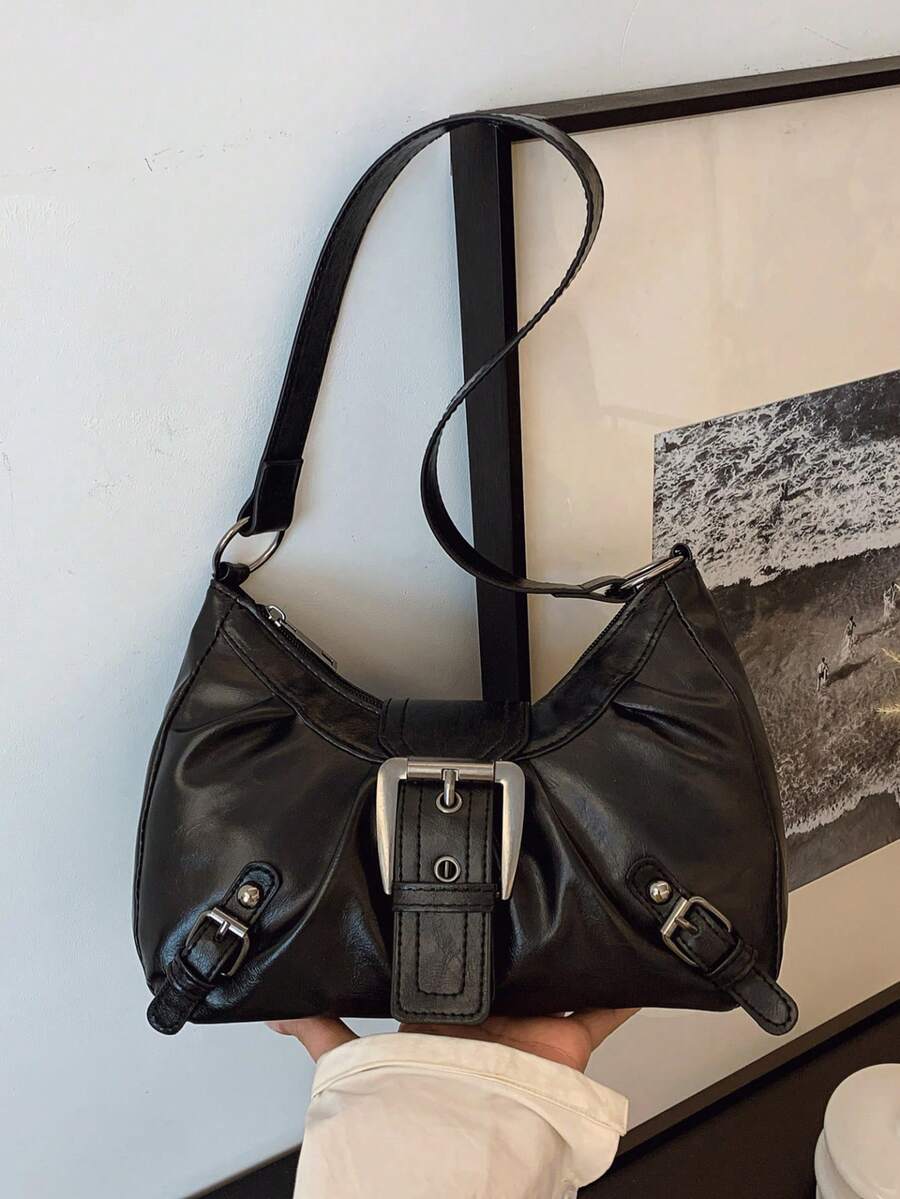 大容量褶皱腋下包，新款美式复古通勤单肩包，时尚机车风斜挎包 - 黑色 - 查看 1