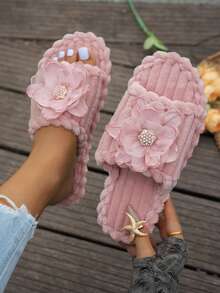 Women's Slip-On Slippers, Solid Pink Fairy Fabric Applique, Fashionable Casual, Open Toe, Spring 2026 New Arrival - Pink - View 7