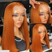 180密度 26英寸巴西骨直发 13x4蕾丝前额真人混纺发高清透明蕾丝前额闭合波波头假发 女士姜橙色 350 - S350 - 查看 5