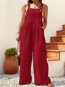 Plus Size Women Loose Pocket Wide Leg Casual Solid Color Suspender Pants - 紅色 - 查看 3