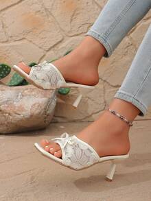 Sandalias de tacón de aguja con lazo francés y punta puntiaguda, zapatillas de tacón alto de estilo hada con punta abierta para el verano - Blanco - Ver 10