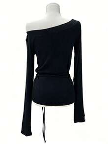 女士系带简约百搭修身长袖针织毛衣上衣 - 黑色 - 查看 2