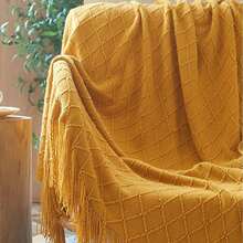 1pc Knitted Blanket For Sofa, Bed And Office Use, With Tassel And Summer Linen Material - Yellow - View 5